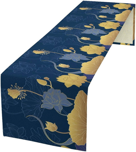 Chinese Lotus Table Runner, Traditional Culture Floral Elegant Oriental Line Art Abstract Table Runner for Kitchen Living Room Home Bedroom Dinner Set, Blue Golden 13x108 Inch