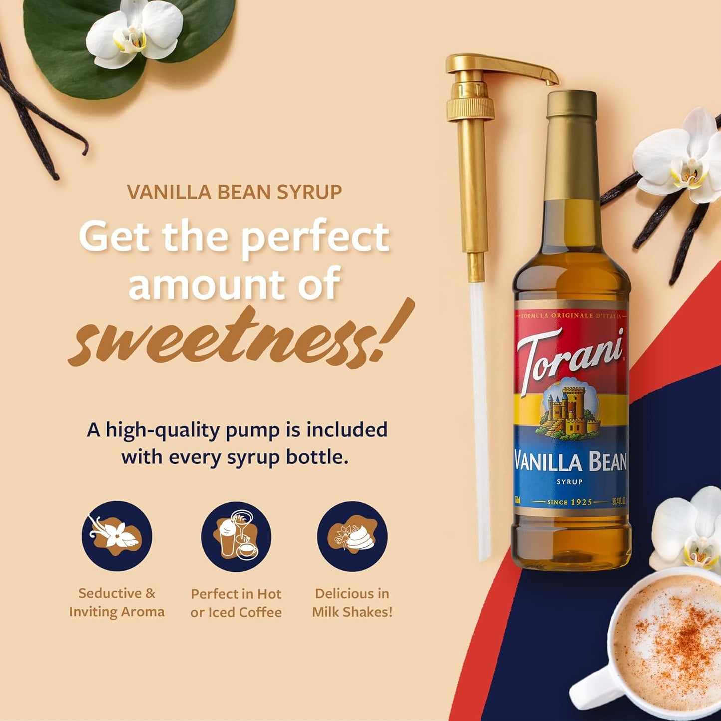 Torani Vanilla Bean Coffee Syrup for Drinks & Desserts, Pump Included, 25.4 Fl Oz
