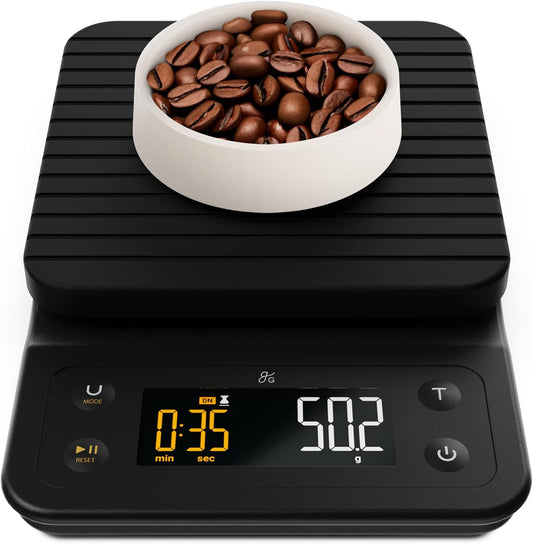 Greater Goods Digital Coffee Scale with Timer – Accurate 0.1g Precision, Multi-Color Display, Waterproof & Heat-Resistant Cover, for Pour-Over, Espresso, French Press, and Kitchen Use (Onyx Black)