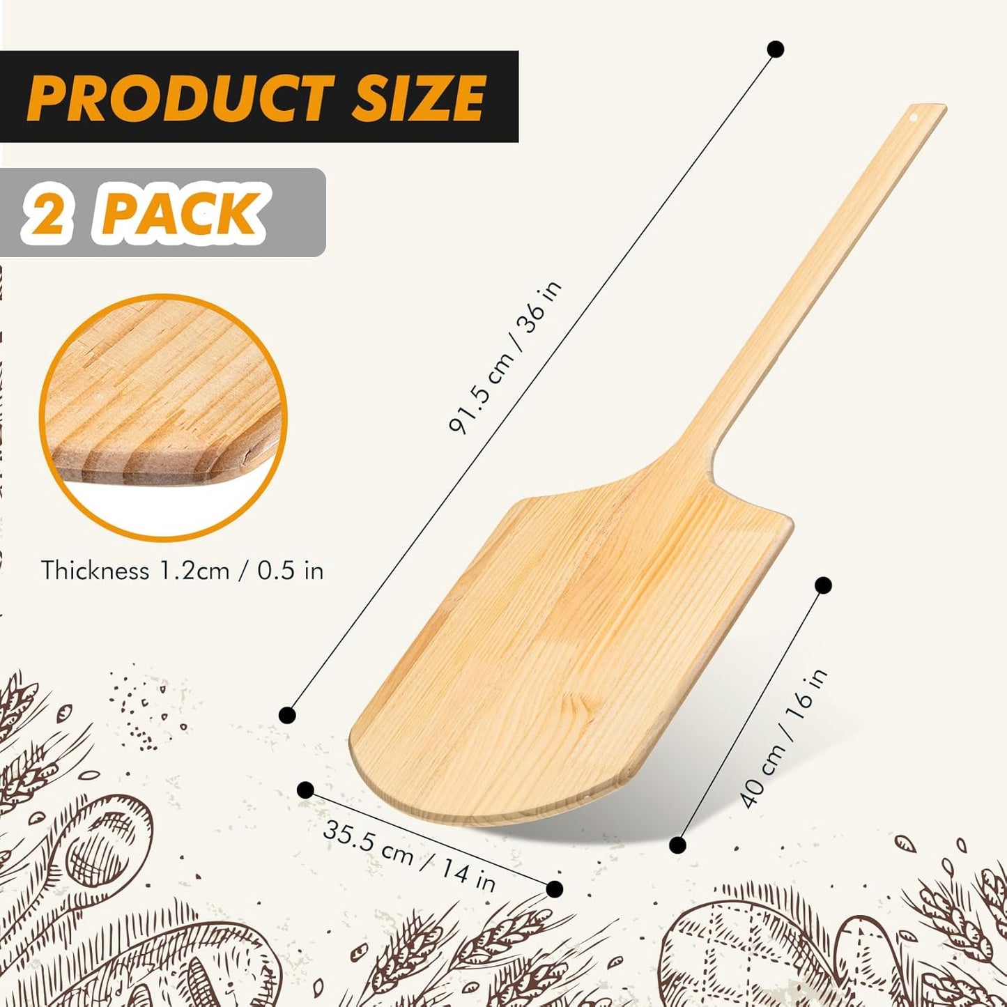 Bokon 2 Pack Wooden Pizza Peel, 16 x 14 Inch Large Pizza Paddle Set with 4 Inch Wooden Handle for Oven, Stone, Pan or Grill, Spatula for Baking Bread and Cake - Indoor & Outdoor