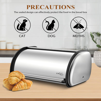 ENLOY Bread Box for Kitchen Counter, Stainless Steel Roll Top Bread Bin, Sliver Bread Storage Holder with Lid, Large Capacity Bread Keeper, 17 x 11 x 7 Inches