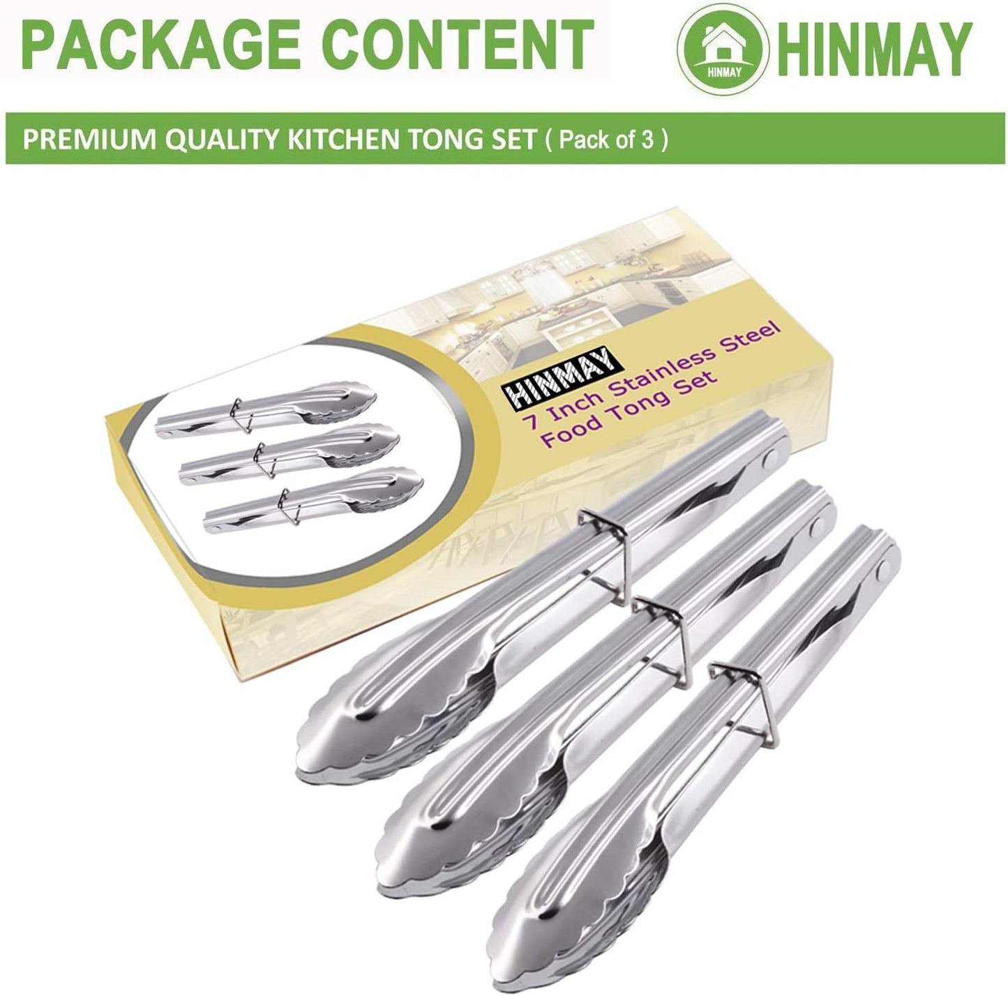 Small Stainless Steel Serving Tongs 7-Inch Salad Tongs, Set of 3 (Silver)