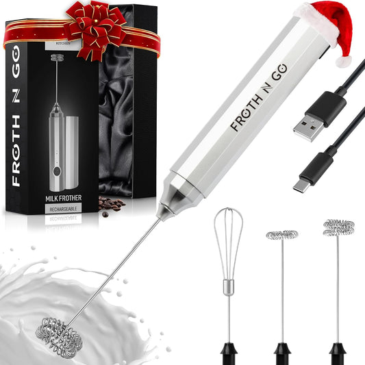 Zulay Froth N Go Milk Frother – Rechargeable 3-in-1 Handheld Frother Wand with Travel Case & USB-C Charger – Single, Double & Egg Whisk for Latte, Cappuccino, Matcha, Protein Shakes – Silver