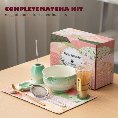Matcha Tea Set, 8 Pcs Japanese Matcha Kit with Cherry Blossom and Wave Design Ceramic Bowl, Bamboo Whisk, Whisk Holder, Scoop, Sifter, Brush, Matcha Kit Set for Matcha Lovers (Green Gradient)