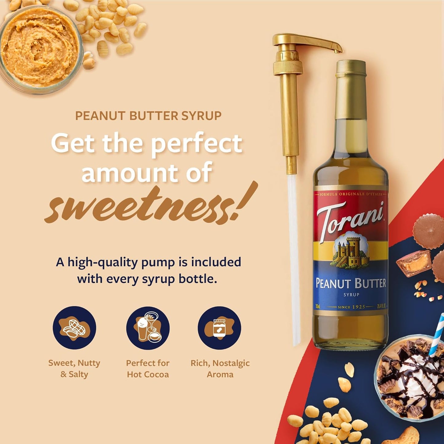 Torani Coffee Syrup, Peanut Butter Flavoring for Drinks, Glass Bottle with Pump Included, 25.4 Fl Oz