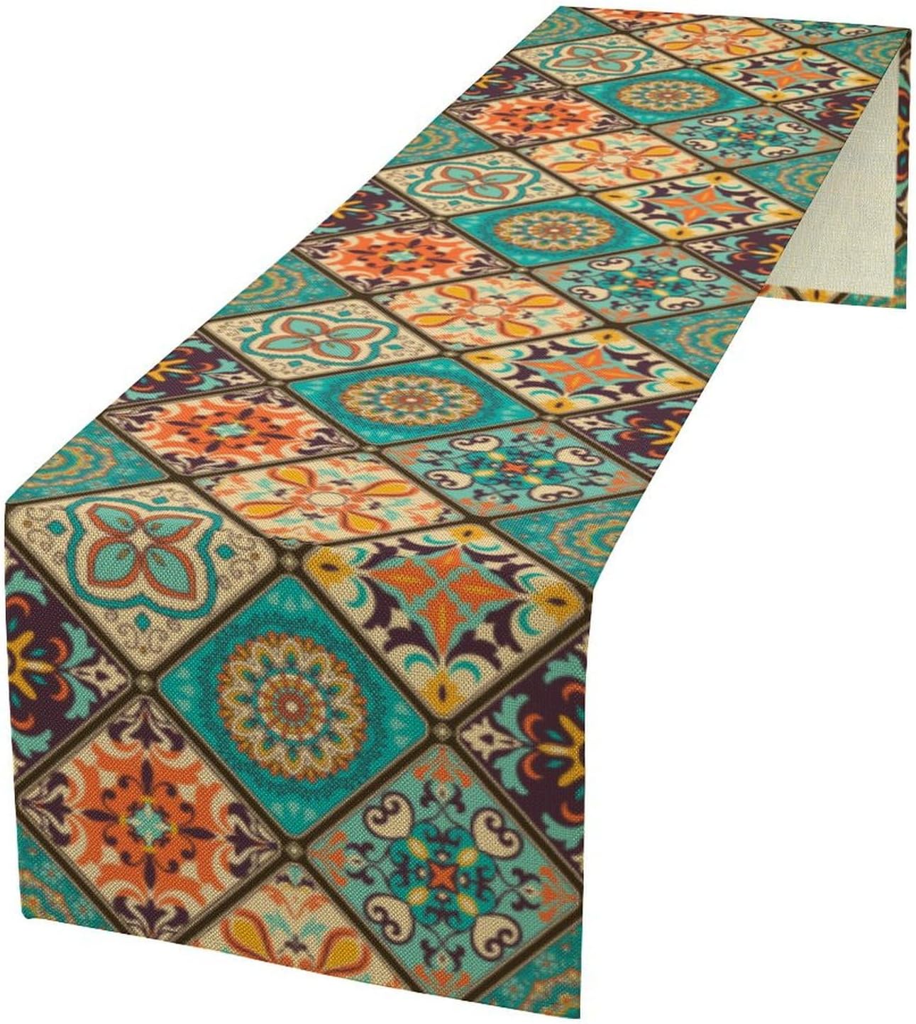 Vintage Bohemian Table Runner, Retro Floral Old Countryside Pattern Farmhouse Table Runner for Kitchen Home Party Dining Room Holiday Coffee 13x70 Inch