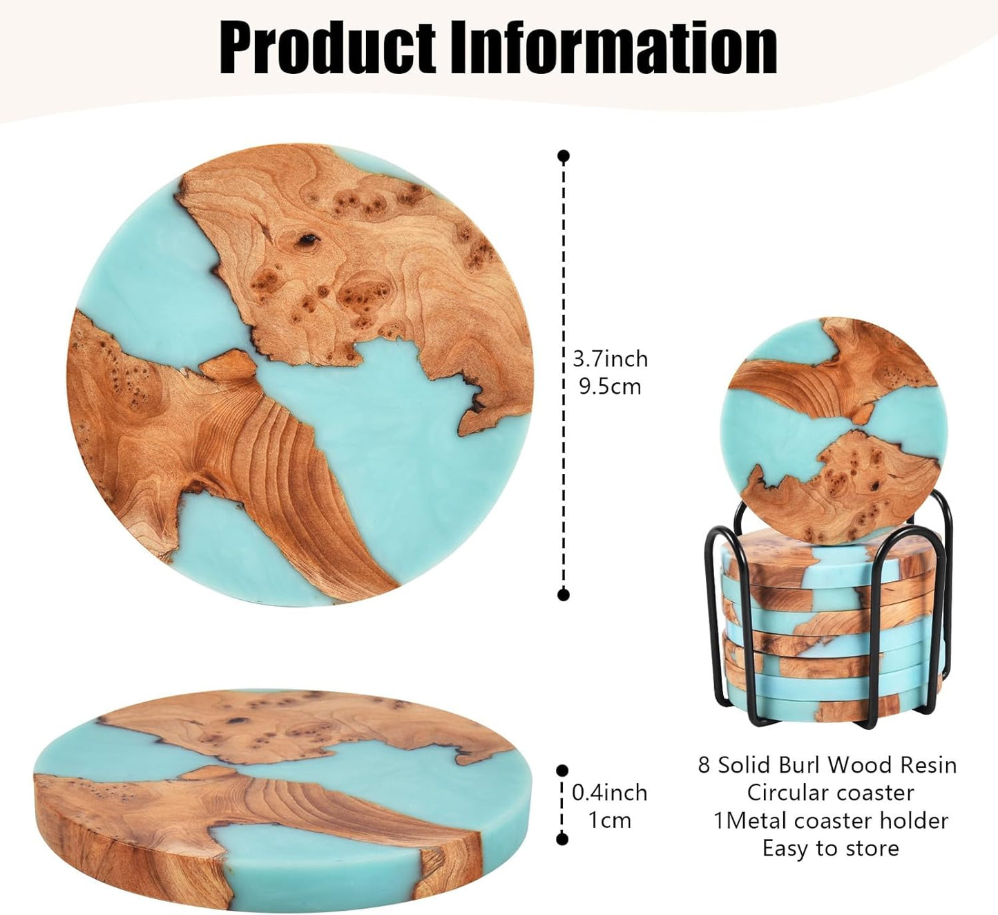 Drink Coaster Set, Wooden Absorbent Coasters, Epoxy Resin Coaster for Coffee Table, Tabletop Protection Decor, Modern Coasters Set of 8 with Holder