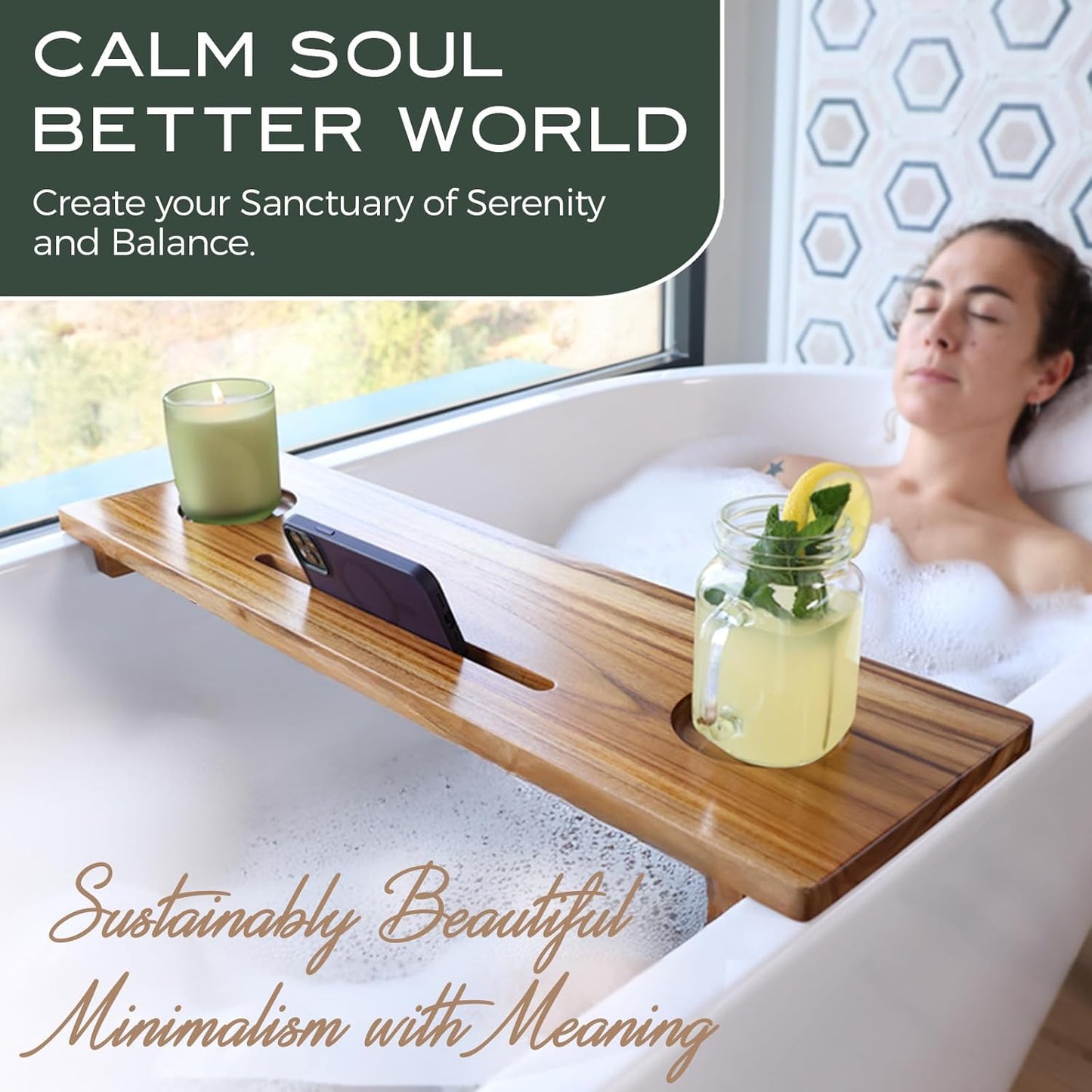 Fjord | Superior Teak Bathtub Tray Wood 29" for Small Tubs | Adjustable Wooden Bathtub Caddy | Sustainable Minimalist Bath Table Tray for Home Spa | by JapandiSpirit