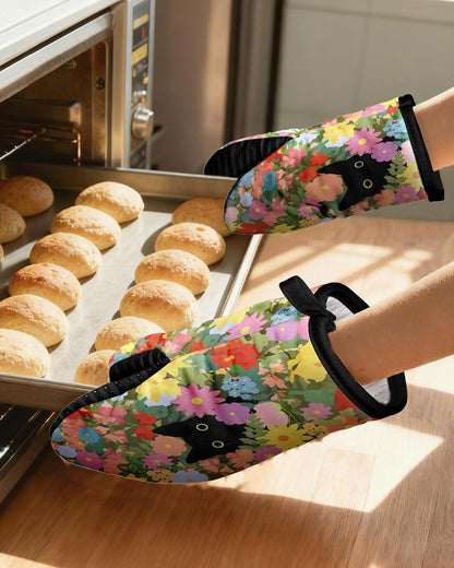 Slohif Cat Mini Oven Mitts Set – Black Extended Short Animal Heat Resistant Kitchen Gloves for Women, 100% Cotton Oven Mitts with Silicone Grips, Non-Slip and Thick Durable for Cooking & Baking