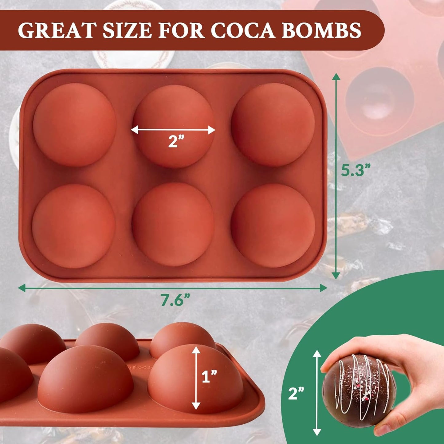 Hot Chocolate Cocoa Bomb Molds Hemisphere Silicone 2 Inch 4 Pack, Semi Ball Mould 6 Cavity Large Circular, BPA Free Non-Stick Half Sphere Holiday Valentine DIY Cake Jelly Dome Mousse