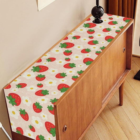 Pink Strawberry Table Runner, Spring Summer Cute Sweet Strawberry Fruits Floral Farmhouse Coffee Table Center Decor for Home Kitchen Dining Patio Holiday Party Table Decorations 13x36 inches