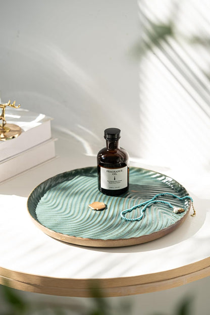 Vanity Tray with Brown Trim - Candle & Perfume Holder Organizer - Round, Green, 11"11" - Home Decor for Dresser, Table, Bathroom Countertop