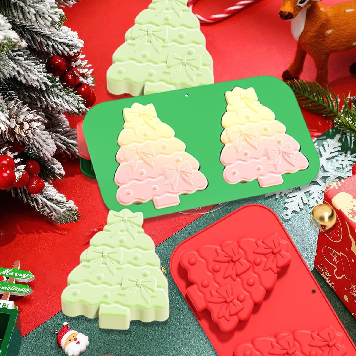 2 Pack Christmas Tree Silicone Molds 2 Cavity Chocolate Molds for Baking 3D Christmas Cake Mold Holiday Candle Resin Mold Xmas Pine Tree Soap Ice Cube Jello Mold for Festival Home Party