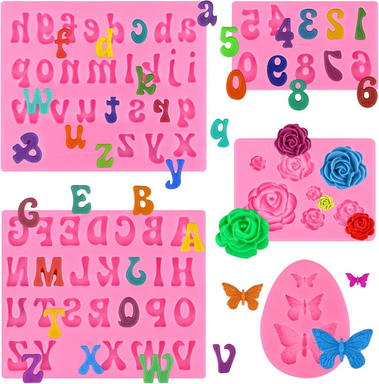 Actvty Letter Silicone Molds for Chocolate, 5 Pcs Uppercase Lowercase Alphabet Chocolate Molds and Number Flower Butterfly Fondant Molds for Making Strawberries, Candy, Cake Decorations