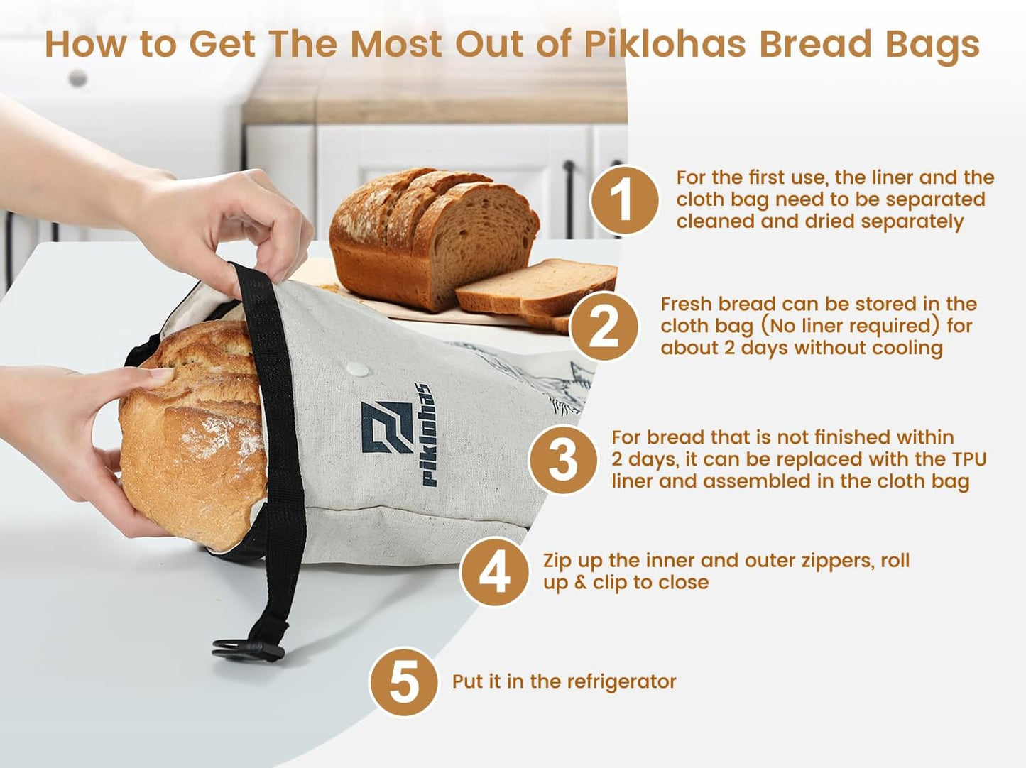 Sour Dough Bread Bags, 2 Sets Detachable Bread Storage for Homemade Sourdough, Reusable Linen Food Storage with Lining & Triple Lock for Fresh Keeping, BPA Free, Christmas Bread Maker Gifts