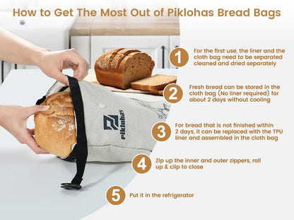 Sour Dough Bread Bags, 2 Sets Detachable Bread Storage for Homemade Sourdough, Reusable Linen Food Storage with Lining & Triple Lock for Fresh Keeping, BPA Free, Christmas Bread Maker Gifts