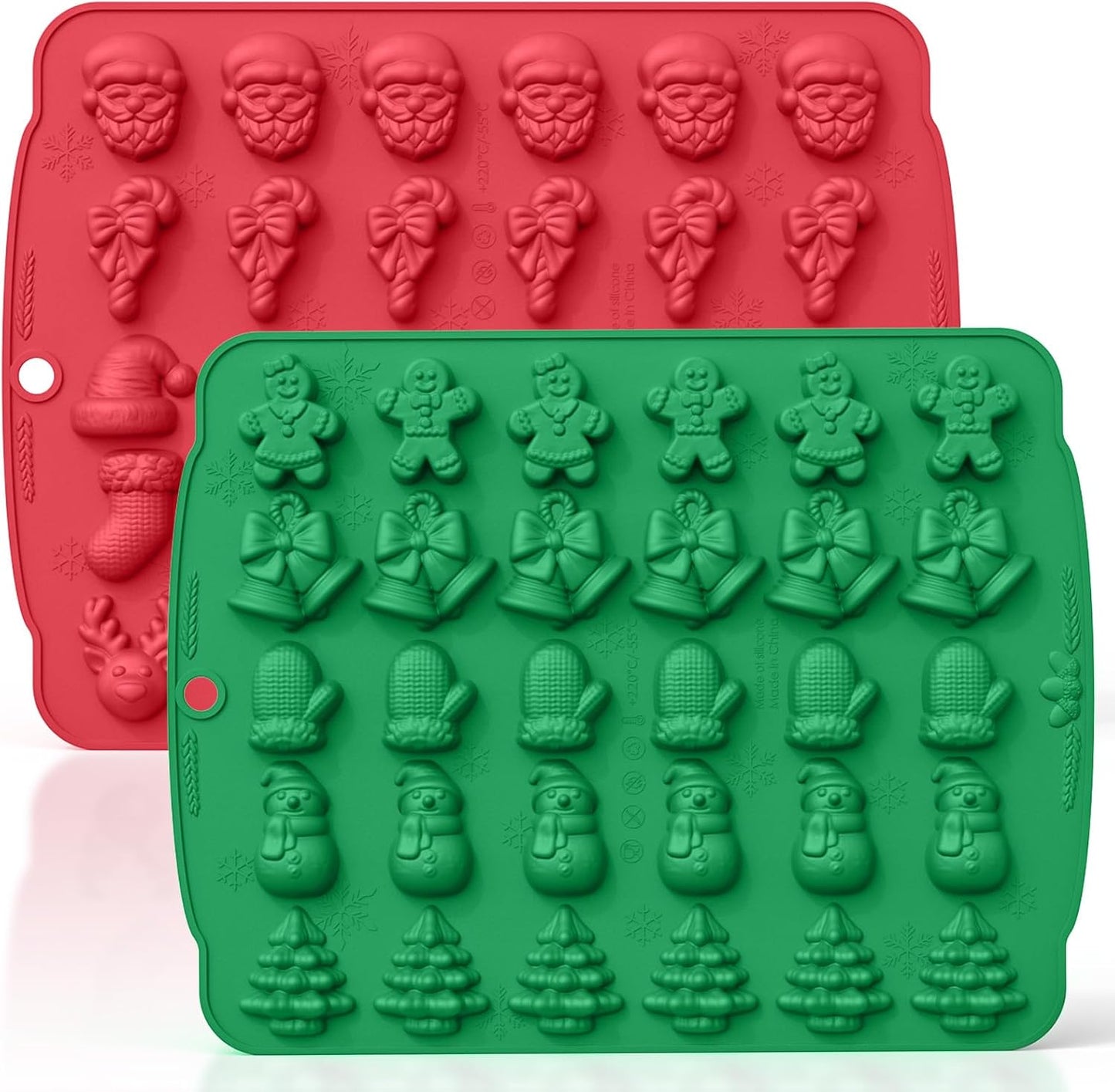 HKNMTT Christmas Silicone molds for Xmas Candy Chocolate Wax Decor, 60 Cavity 11 Shapes Gummy Mould, Including Tree Santa Cane Hat Socks Elk Gingerbread Man Bell Glove Snowman Food Grade DIY Set