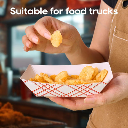 ECOLipak 250 Pack 2lb Paper Food Tray Red, Disposable Paper Food Boats, Food Holder Trays, Serving Boats for Taco Hot Dog Snack Fries Dessert Popcorn Sauce Nacho