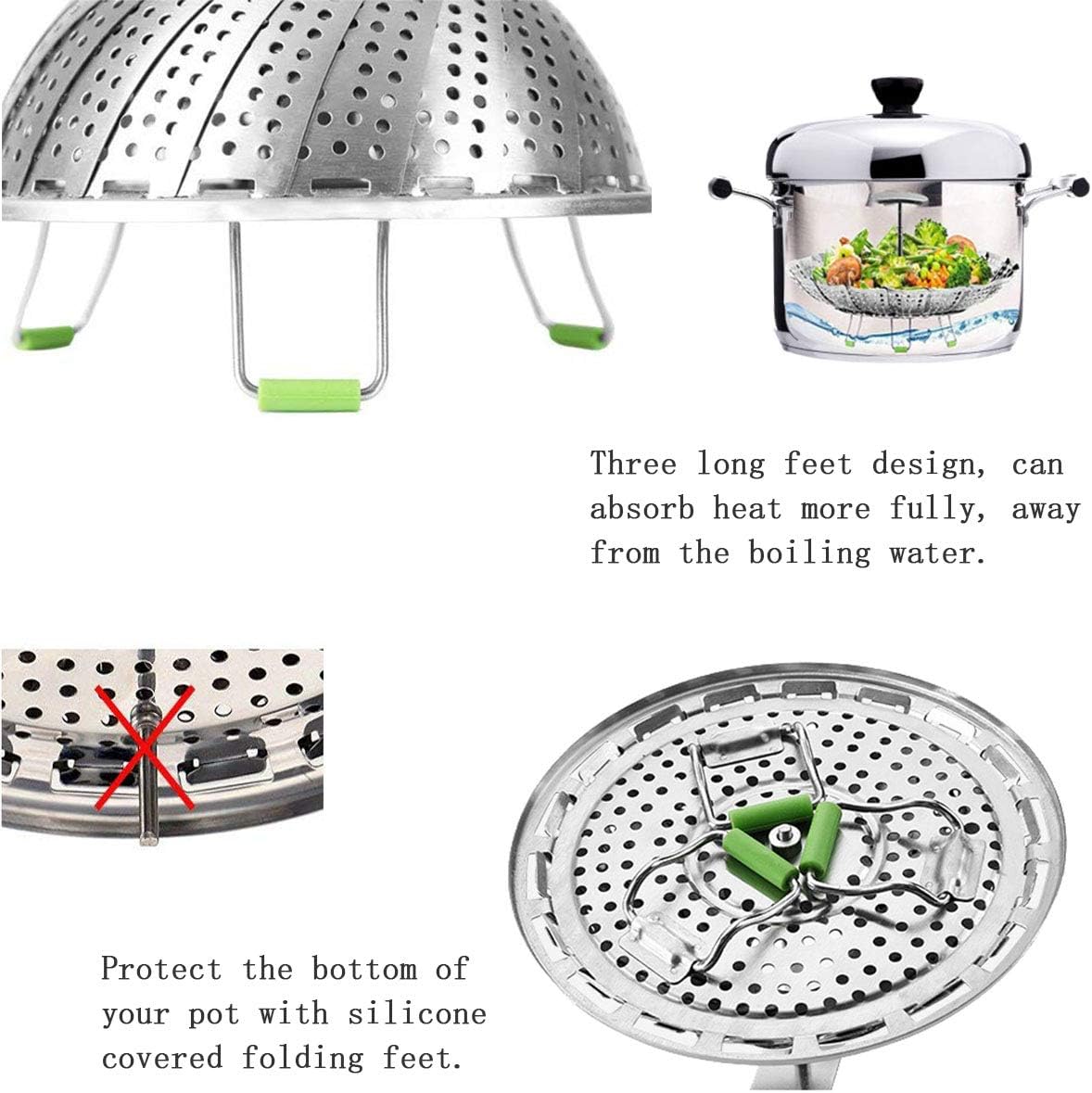 Steamer Basket, Veggie Steamer Basket for Cooking Stainless Steel Folding Vegetable Steamer Insert with Extending Removable Center Handle Expandable to Fit Various Size Pot(7" to 11")