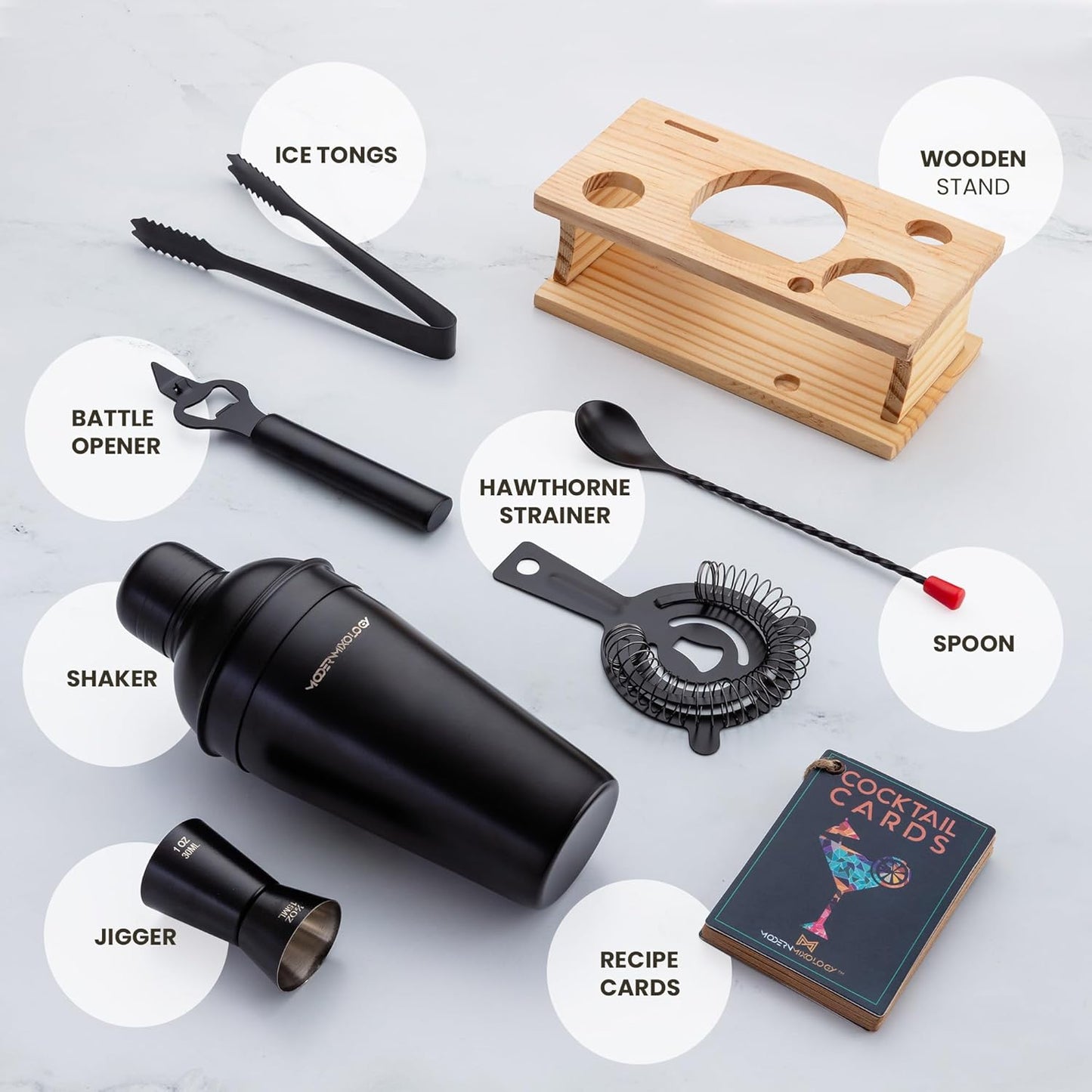 Modern Mixology Cocktail Shaker Set - 8 Piece Bartender Kit with Martini Shaker and Popular Bar Accessories on Quality Pine Stand - Leak Proof Design (Black)