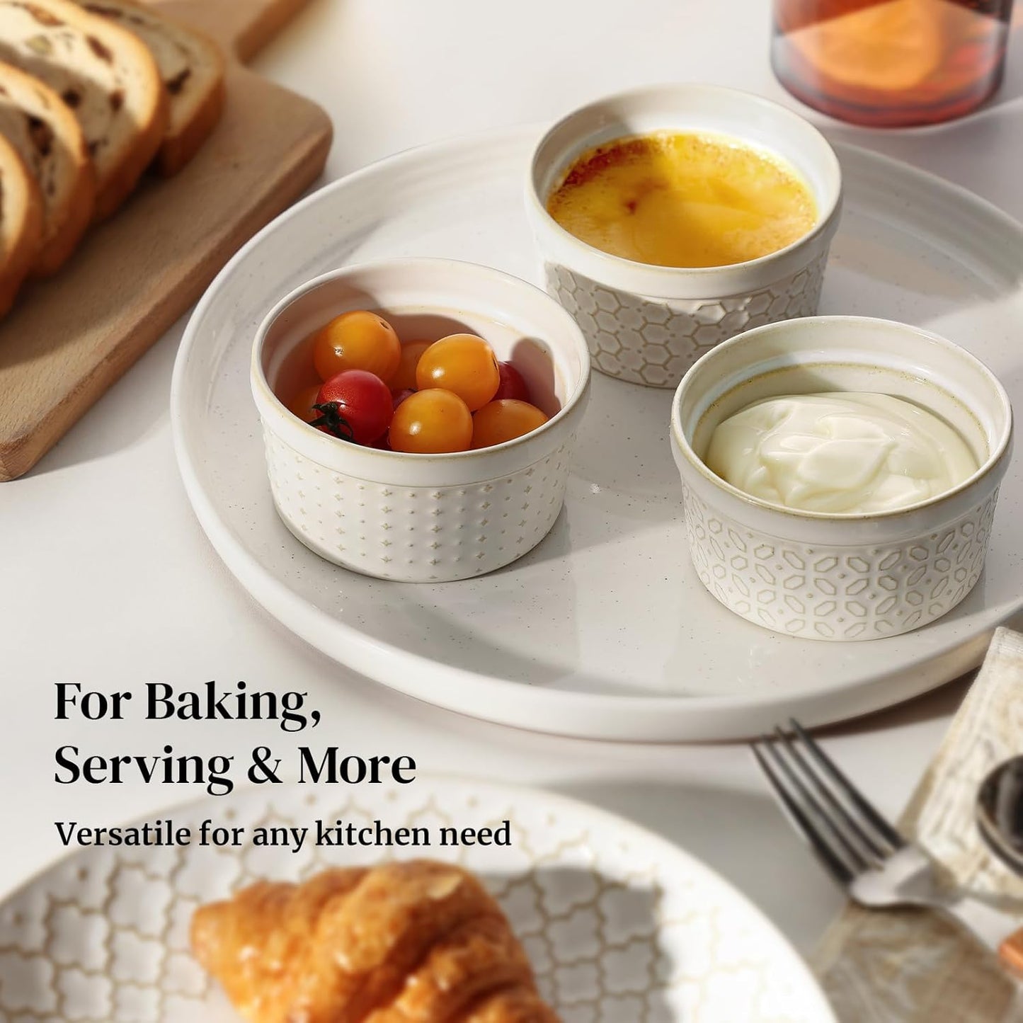 DOWAN Ramekins Oven Safe with Lids 4 oz, Charcuterie Boards Bowls Set for Creme Brulee, Souffle, Dipping Sauces, Custard Cups Ceramic Food Storage Containers, Set of 6, Beige