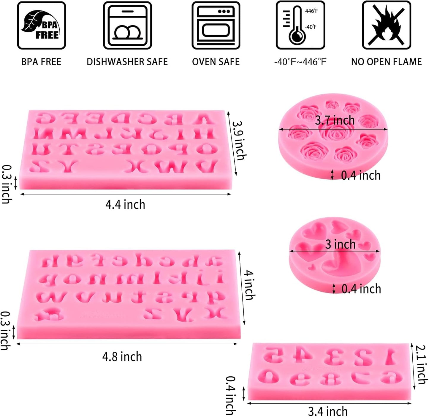 Silicone Letter Molds for Chocolate, 5 Pcs Number Alphabet Chocolate Molds Heart Fondant Molds for Candy Treat Strawberry Cupcake Cake Decoration Clay Resin Candle Making