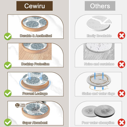 Wood Coasters Set of 4 with Holder, Cewiru Cup Mat for Drinks, Absorbent Coasters with Felt Insert for Coffee Table Protection, Modern Style Home Dining Table Decor, 4.3" Grey