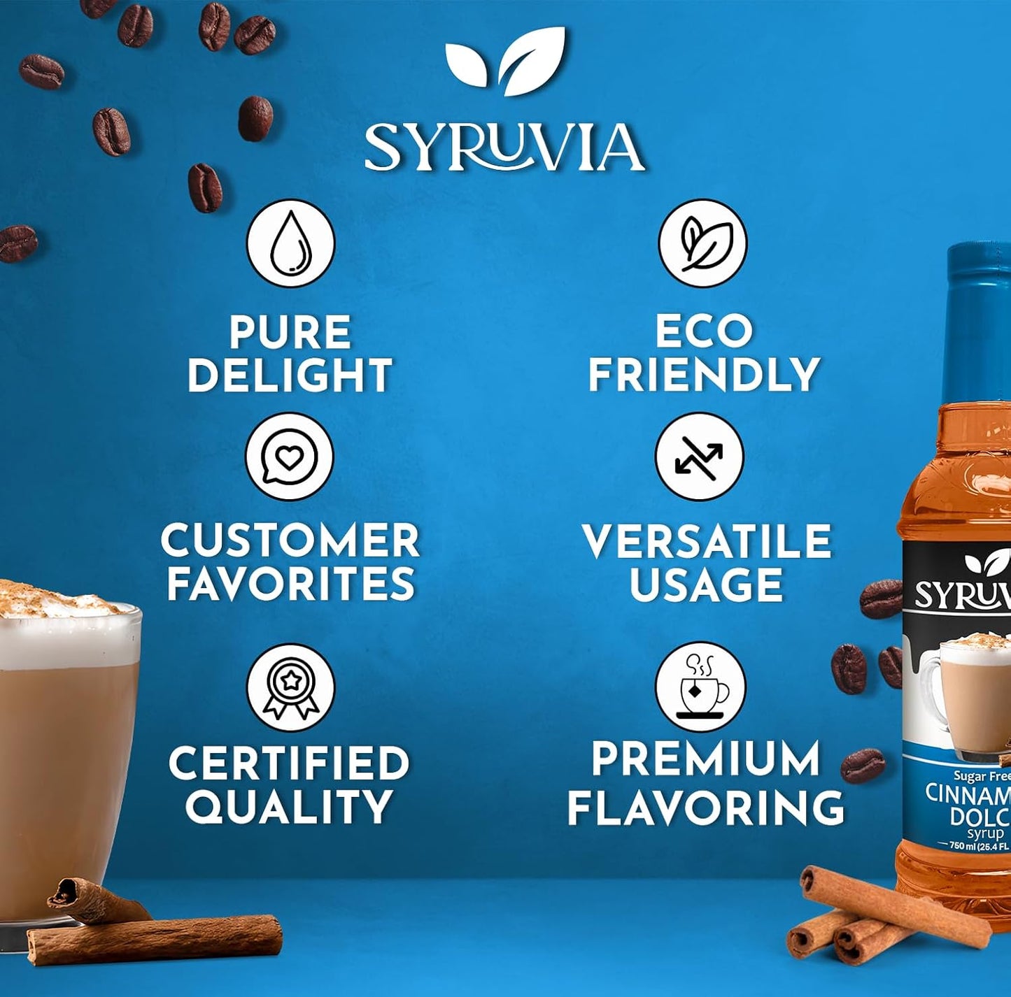 Syruvia Sugar Free Coffee Syrup, Cinnamon Dolce Flavored Syrup for Drinks, Lattes, and Desserts – 25.4 fl oz