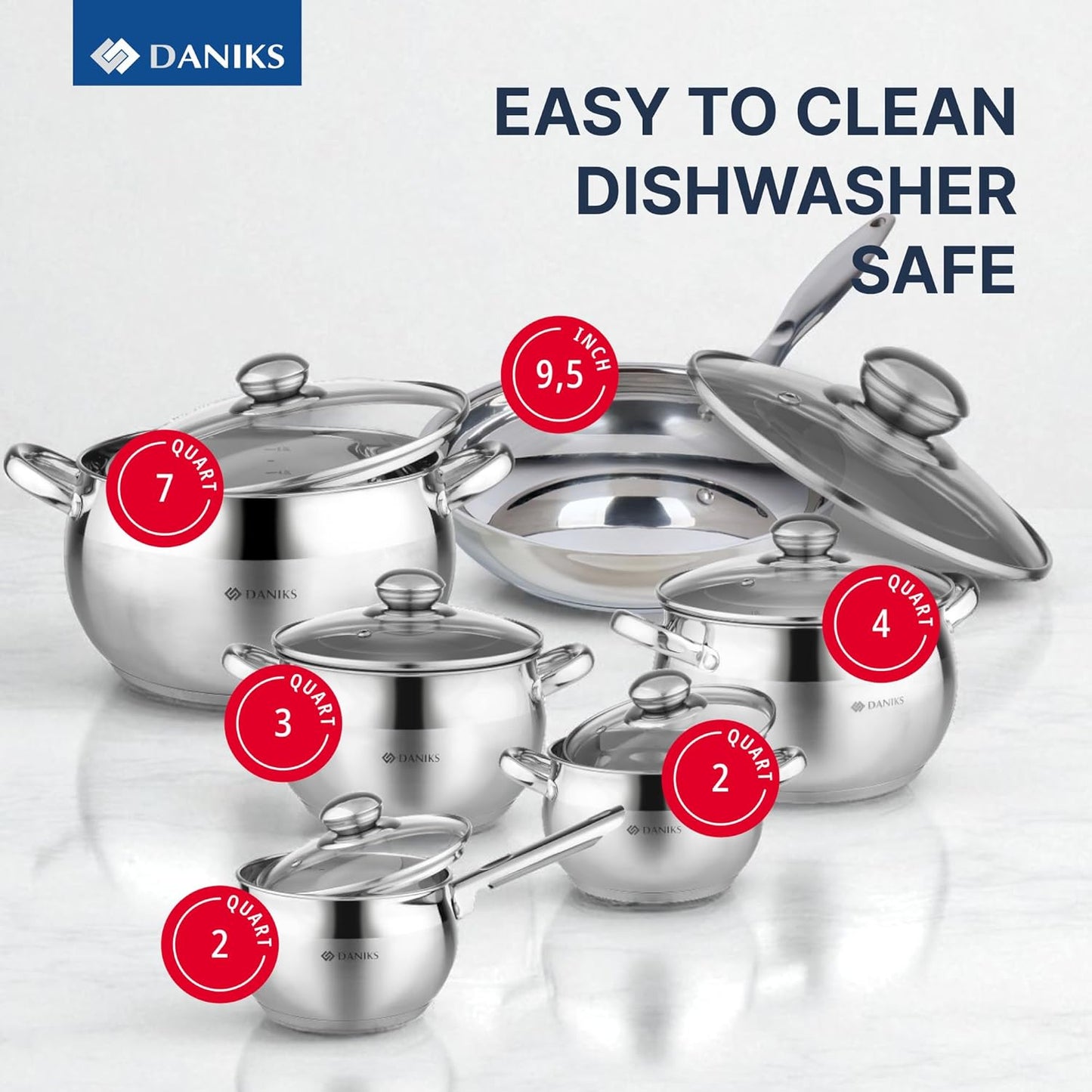 Daniks Classic 12-Piece Stainless Steel Cookware Set with Glass Lids, Includes Saucepan and Frying Pan with Lid, Tri-Ply Bases for Even Heating, Induction Compatible, Dishwasher Safe