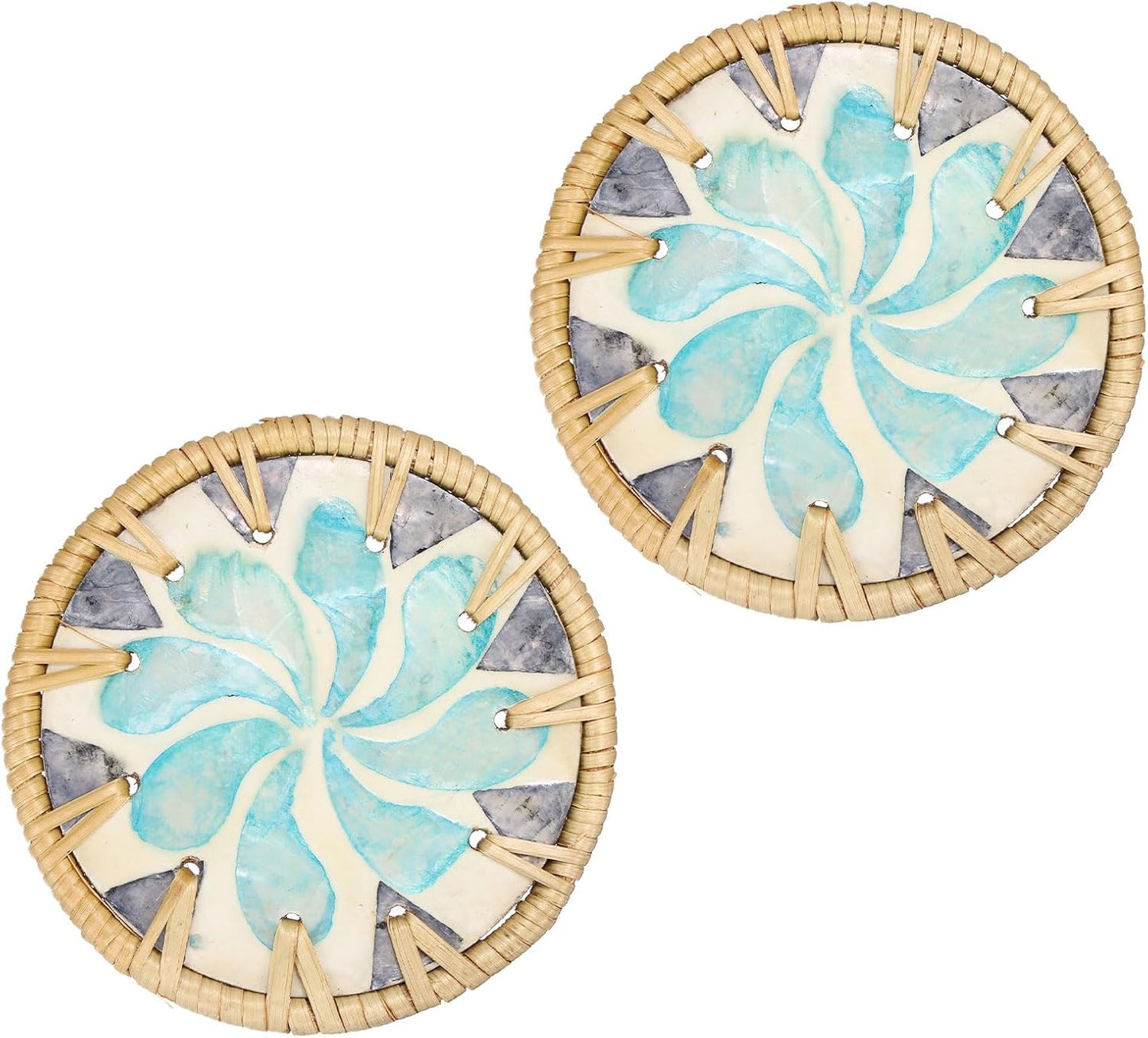 uxcell 2Pcs Handmade Woven Rattan Coasters, Heat-Resistant Drink Coasters for Coffee Table Dining Room Kitchen Coffee Wine Decor, Blue Water Drops