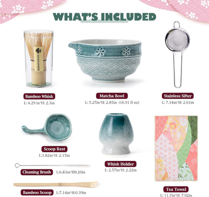 Matcha Tea Set, 8 Pcs Japanese Matcha Kit with Cherry Blossom and Wave Design Ceramic Bowl, Bamboo Whisk, Whisk Holder, Scoop, Sifter, Brush, Matcha Kit Set for Matcha Lovers (Blue Gradient)