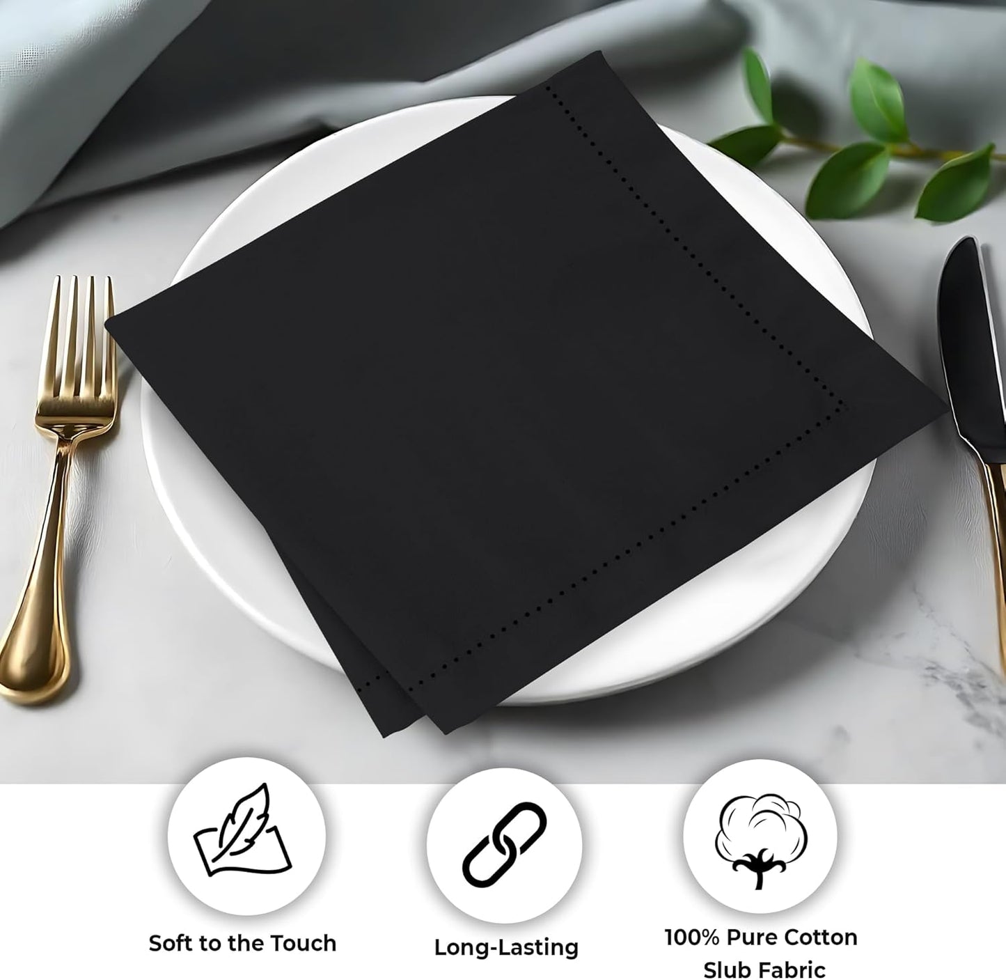 Urban Villa Cloth Napkins Set of 12 20x20 Inches 100% Cotton Hemstitch Napkins Cloth Washable Durable Reusable Absorbent Table Dinner Napkins Cloth for Hotel Lunch Restaurant Weddings Parties – Black