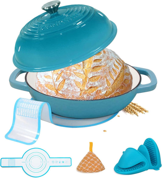Enameled Cast Iron Dutch Oven with Lid,11" Bread Pan Baking Kit,6 Quart Enamel Bread Pan,Dutch Oven for Sourdough Baking-with Silicone Mat,Teal Thick Enamel Oven Pan-Gifts for Family