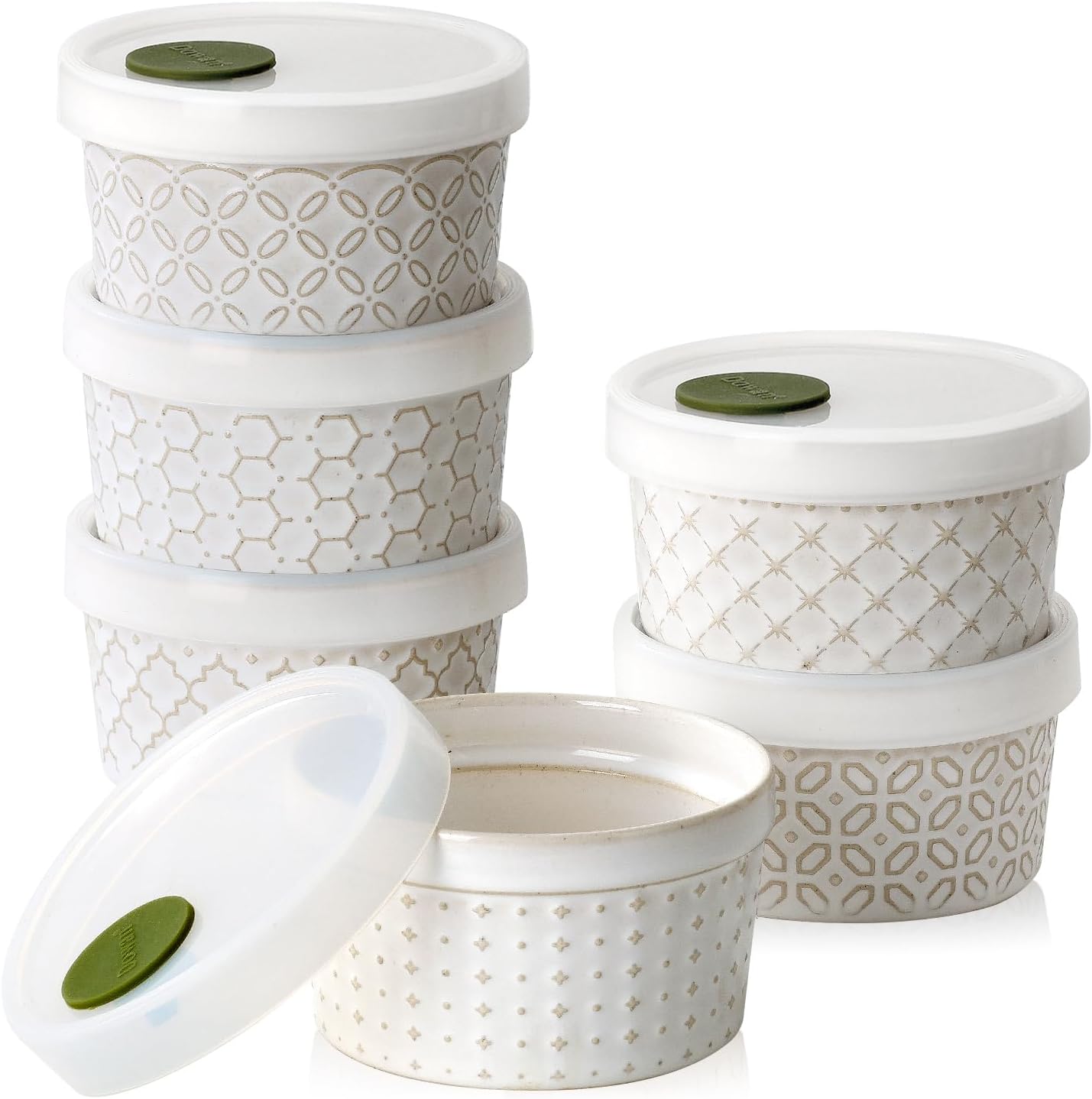 DOWAN Ramekins Oven Safe with Lids 8 oz, Charcuterie Boards Bowls Set for Creme Brulee, Souffle, Dipping Sauces, Custard Cups Ceramic Food Storage Containers, Set of 6, Beige