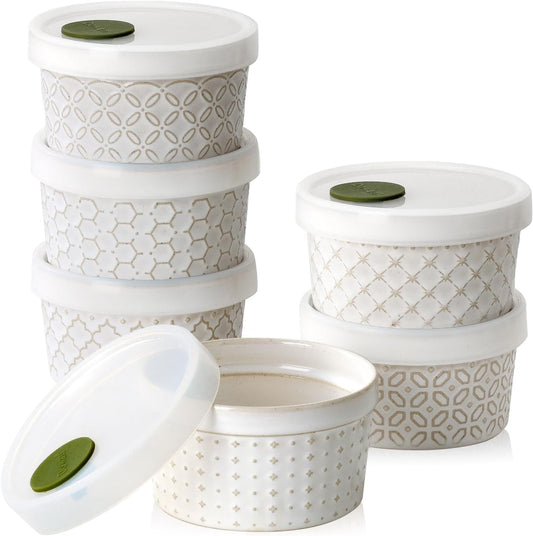 DOWAN Ramekins Oven Safe with Lids 8 oz, Charcuterie Boards Bowls Set for Creme Brulee, Souffle, Dipping Sauces, Custard Cups Ceramic Food Storage Containers, Set of 6, Beige