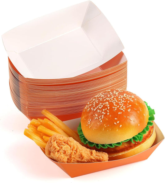 50 Pcs 2lb Paper Food Boat Trays Disposable，Snack Tray，Food Trays for Snack French Hot Dog Taco Popcorn Picnic party Wedding，Concession Stand Supplies (Orange)
