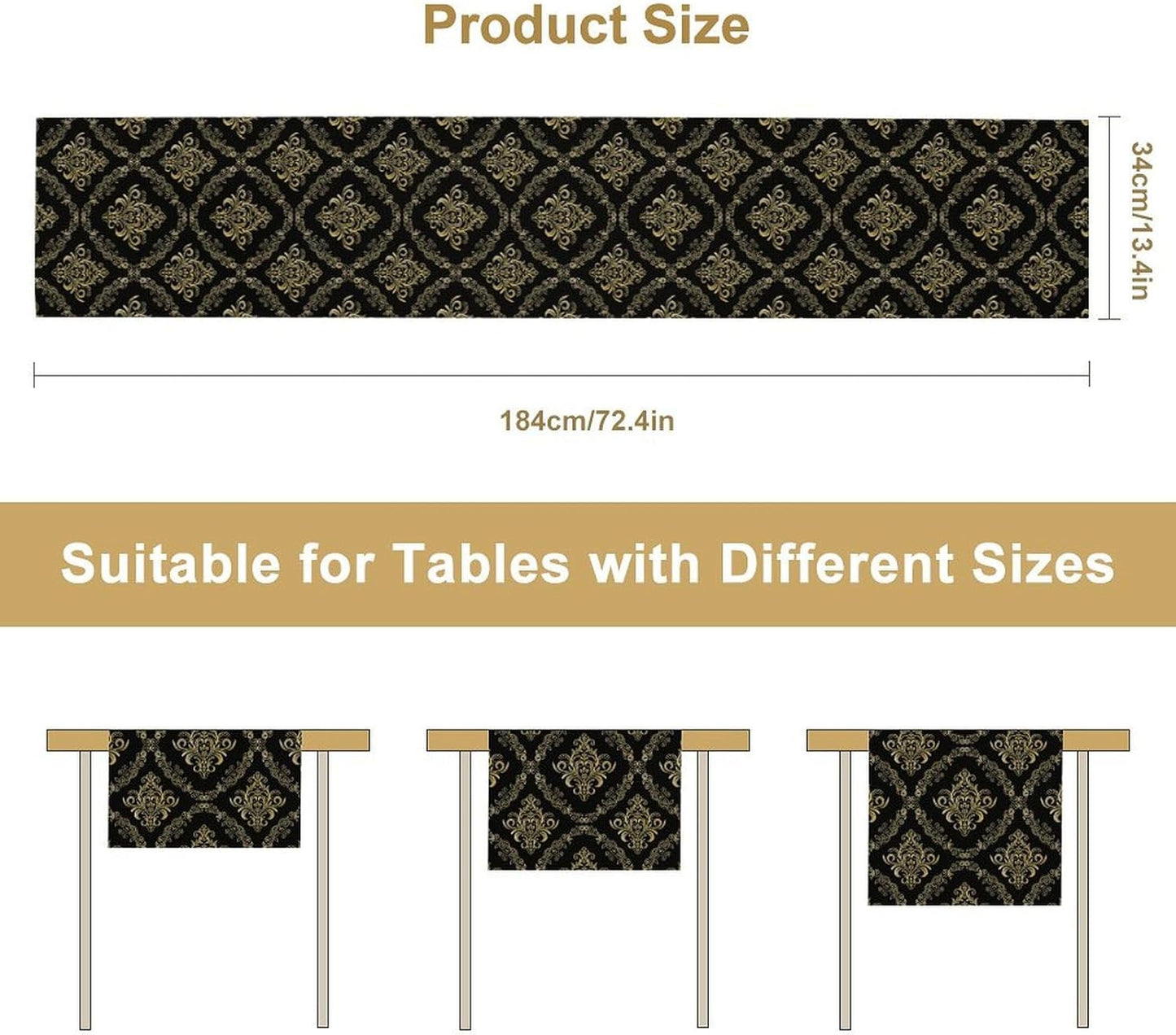 Abstract Table Runner, Traditional Ethnic Patterns Golden Floral Black Cool Vintage Table Runner for Kitchen Living Room Party Home 13x60 Inch