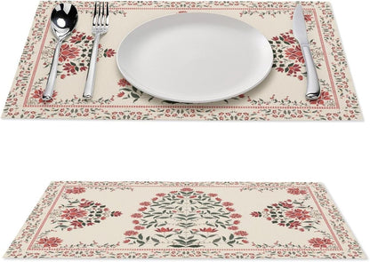 Vintage Floral Placemats Set of 6, 12x18 Inch Rustic Boho Persian Carpet Turkish Tribal Bohemia Holiday Farmhouse Coffee Table Mats for Party Kitchen Dining Decoration