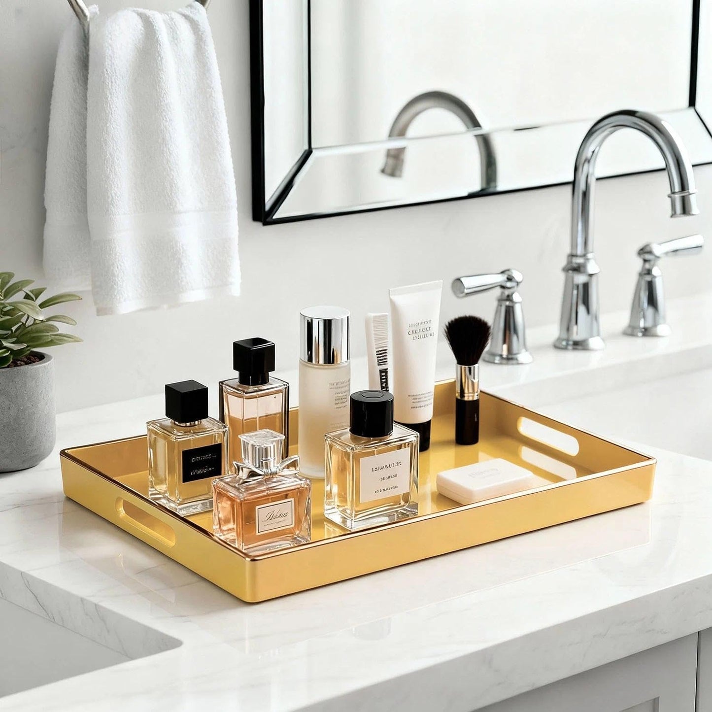 Zosenley Decorative Tray, Rectangular Plastic Tray with Handles, Modern Vanity Tray and Serving Tray for Bathroom, Kitchen, Ottoman and Coffee Table, 15.6” x 10.2” (Light Yellow)