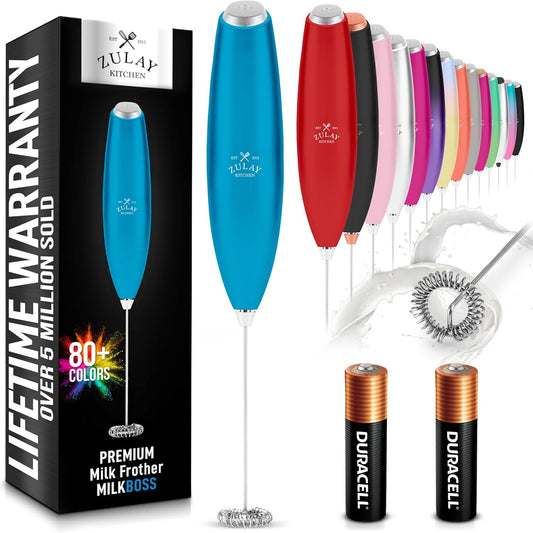 Zulay Kitchen Milk Frother Handheld Electric Whisk with AA Duracell Batteries – Durable Drink Mixer for Coffee, Lattes, Cappuccinos & More - Metallic Blue