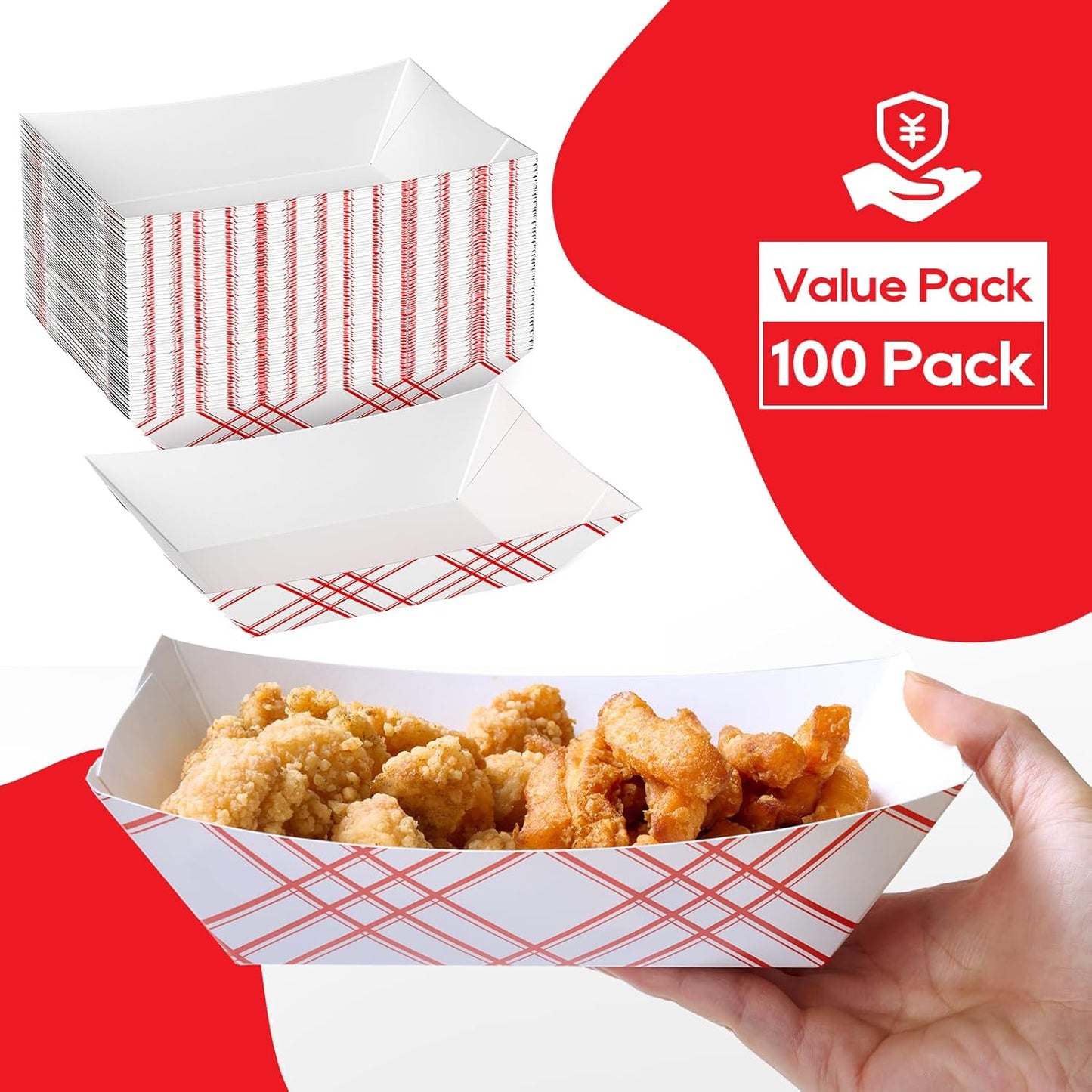 ECOLipak 100 Pack 3lb Paper Food Tray Red, Disposable Paper Boats, Food Holder Trays, Serving Boats for Taco Nacho Hot Dog Snack Fries Dessert Popcorn Sauce