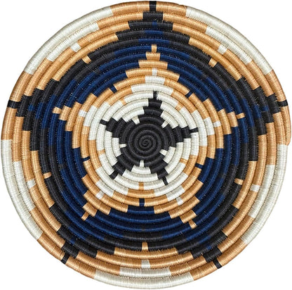 Handwoven African Basket Handmade sisal Fruit Bowl Wall Hanging decorative Baskets for Home Living Room Kitchen Centerpiece Zen Designs Arts and Crafts (Blue Tan Natural, 10in diameter)