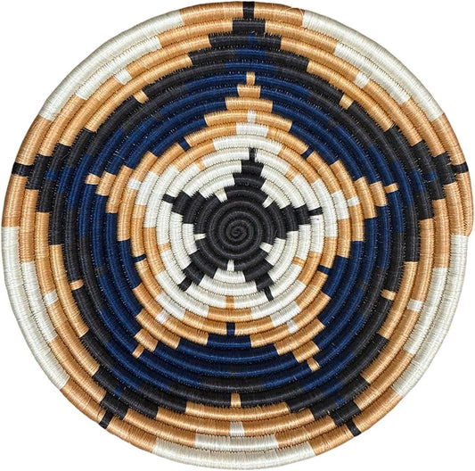 Handwoven African Basket Handmade sisal Fruit Bowl Wall Hanging decorative Baskets for Home Living Room Kitchen Centerpiece Zen Designs Arts and Crafts (Blue Tan Natural, 10in diameter)