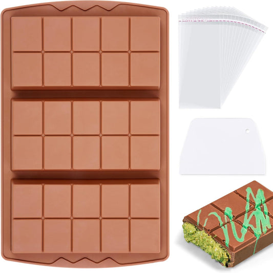 1 Pc Chocolate Bar Mold Deep Large Chocolate Molds Silicone Break Apart Thick Silicone Molds for Candy Bar, With 100 Pcs Bags and 1 Pc Scraper Set (10 Snap）