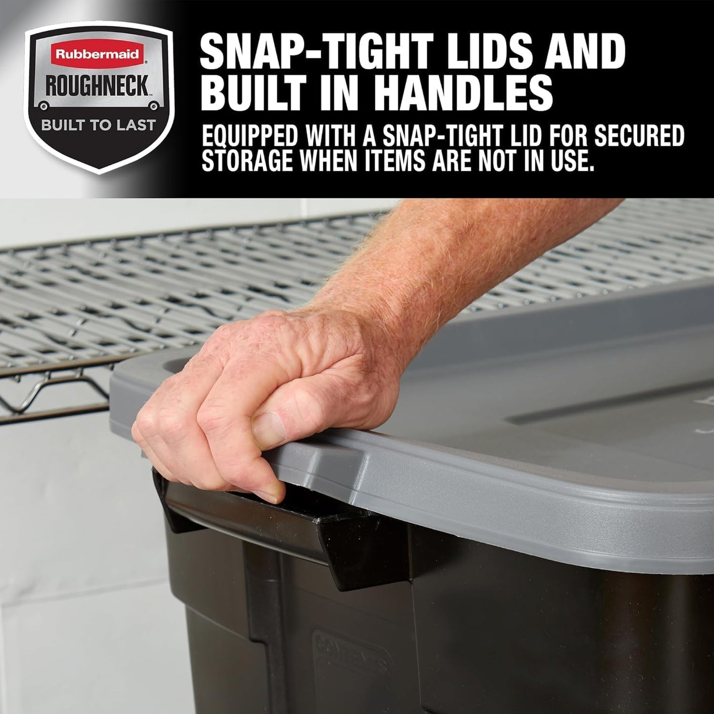 Rubbermaid Garage Storage Bins Black Plastic Stackable Storage with 3-Pack 31 GAL Capacity, Totes for Storage Home Organization Durable - Heavy Duty (31 GAL - 3 Pack Solid Black and Grey)