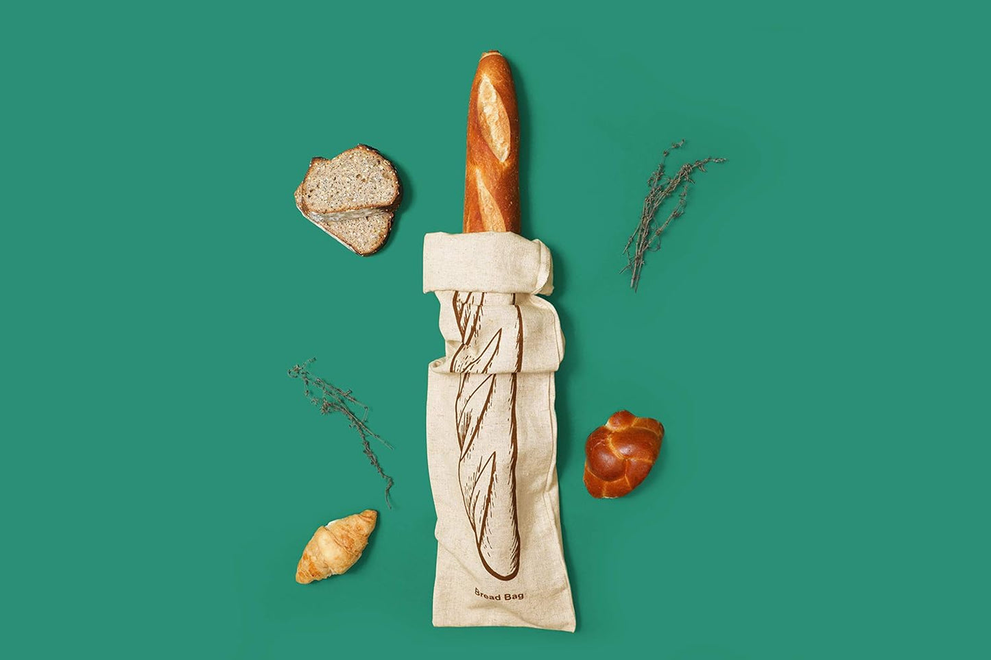 Reusable Linen Baguette Bread Bags - Set of 2 Washable Cloth Bread Bags with Drawstring Closure - Long Size - 29”x7”