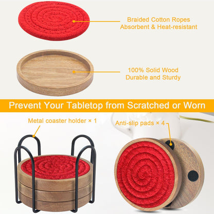 Woven Coasters Set of 5 with Holder, Wooden Drink Coasters for Coffee Table, Housewarming Gift for Farmhouse Home Decor, 4 inches (Red)