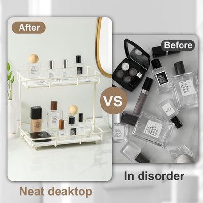 Bathroom Organizer Countertop Perfume Organizer Makeup Organizer Cosmetics Storage Display Rack Vanity Tray Dresser Stainless Steel Gold Shelf White Marble Ceramic Tray (2 Tier L-Cream)