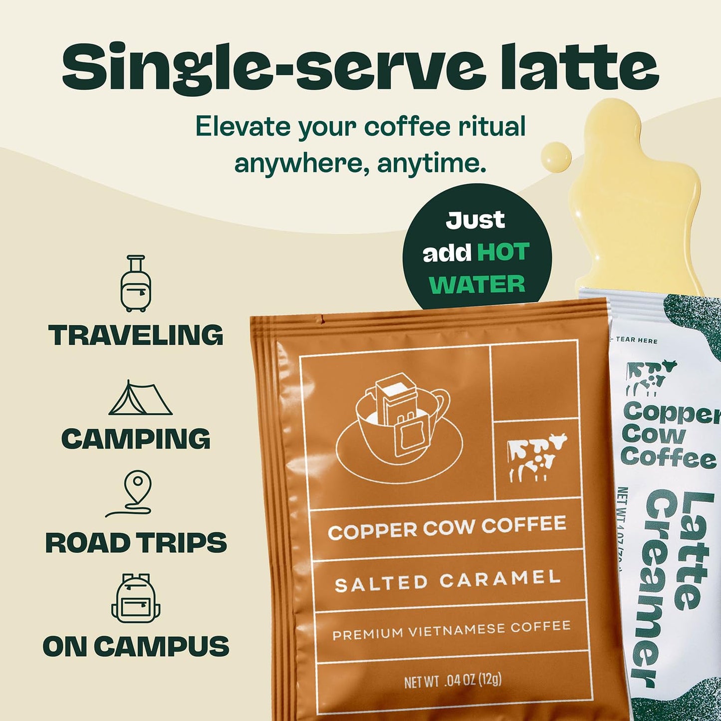 Copper Cow Vietnamese Coffee Variety Pack (15 Coffees & 15 Creamers)| Classic, Vanilla, & Salted Caramel Latte | Pour Over Single-Serve Lattes, No Refrigeration Needed, Travel Friendly Ground Coffee