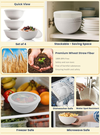 Homienly Wheat Straw Cereal Bowls with Lids, Unbreakable Plastic Bowls Set of 4, Microwave and Dishwasher Safe Food Storage Container for Lunch, Soup, Ramen, 40 OZ Bowls with Curved Texture, White